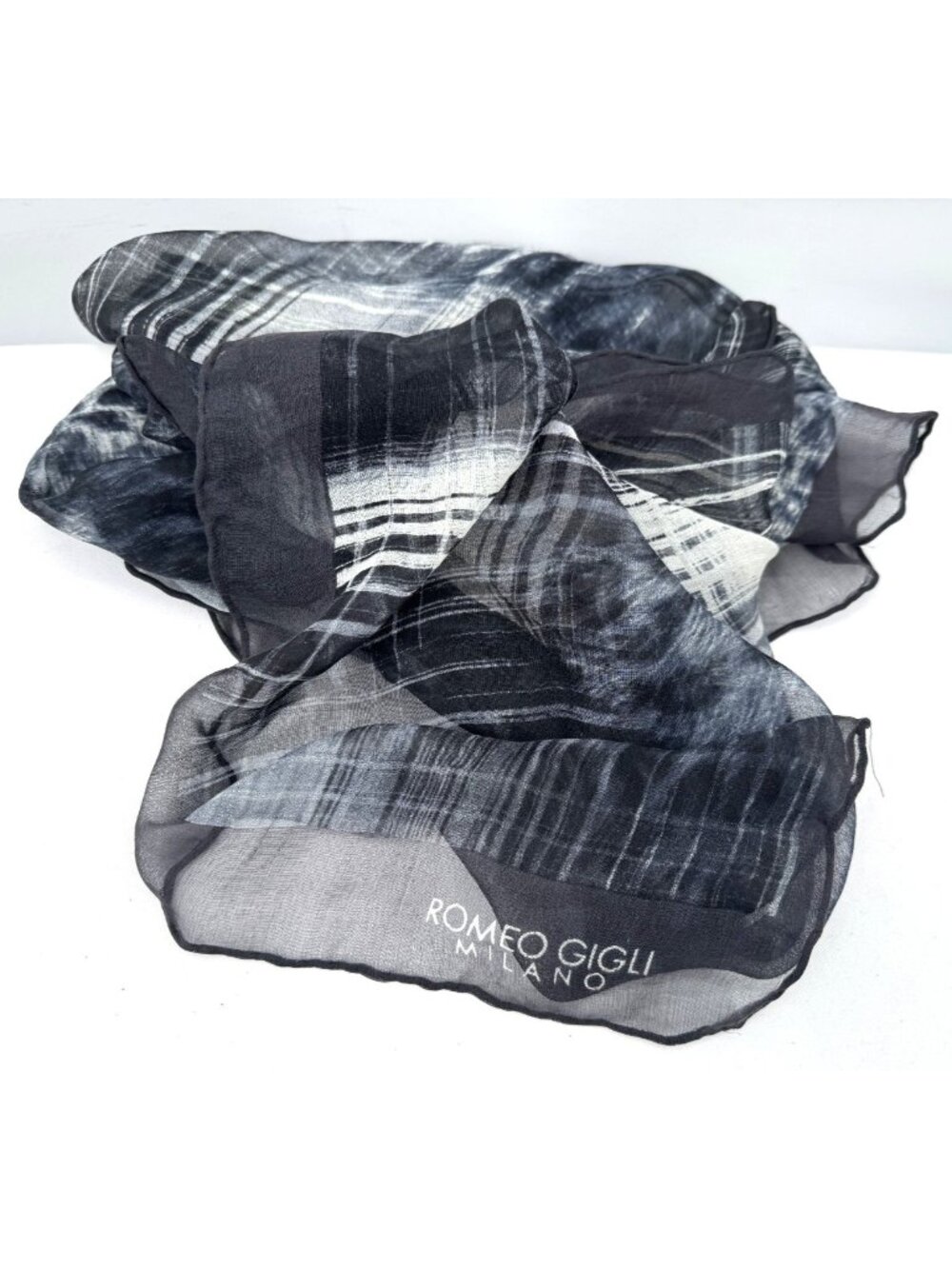 Vintage ROMEO GIGLI Milano Italy Abstract Art Gray Silk Scarf Hand Rolled Edges
